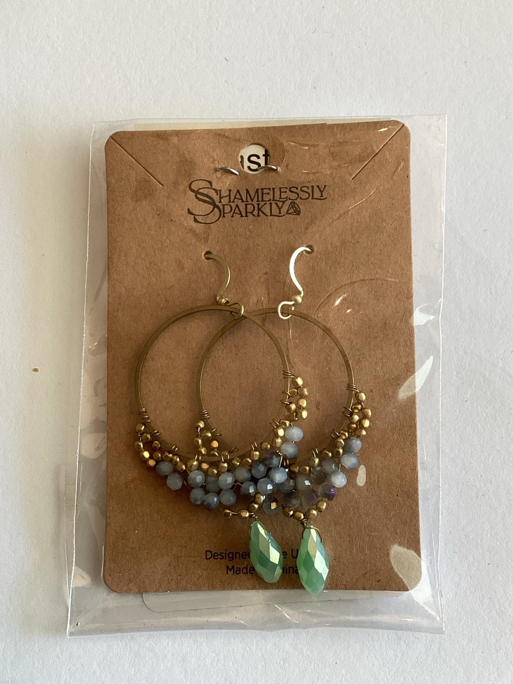 Gold Hoop Earrings with Blue Beads and Mint Drops‎